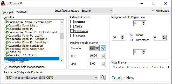 DOS printer codepages, margins and fonts selectable